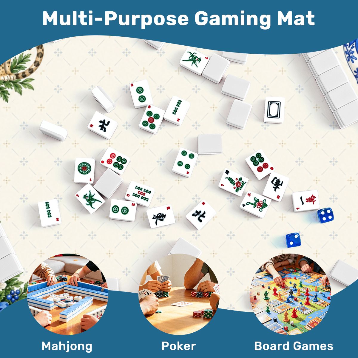 Blue Porcelain Christmas Leopard Sleek-Surface American Mahjong Mat – 2 Sizes Available