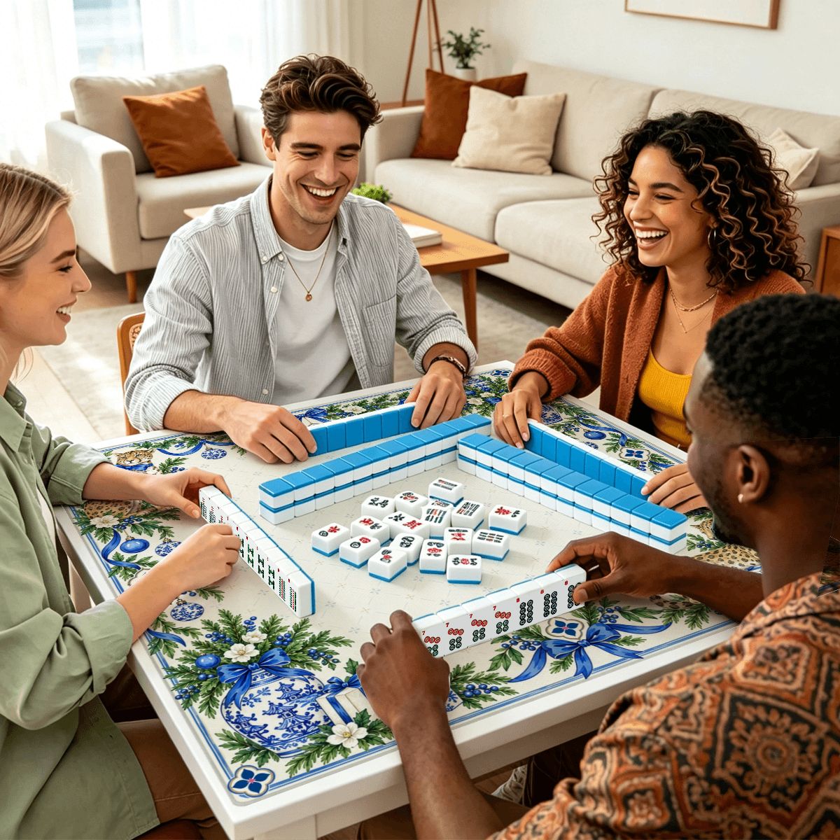 Blue Porcelain Christmas Leopard Sleek-Surface American Mahjong Mat – 2 Sizes Available