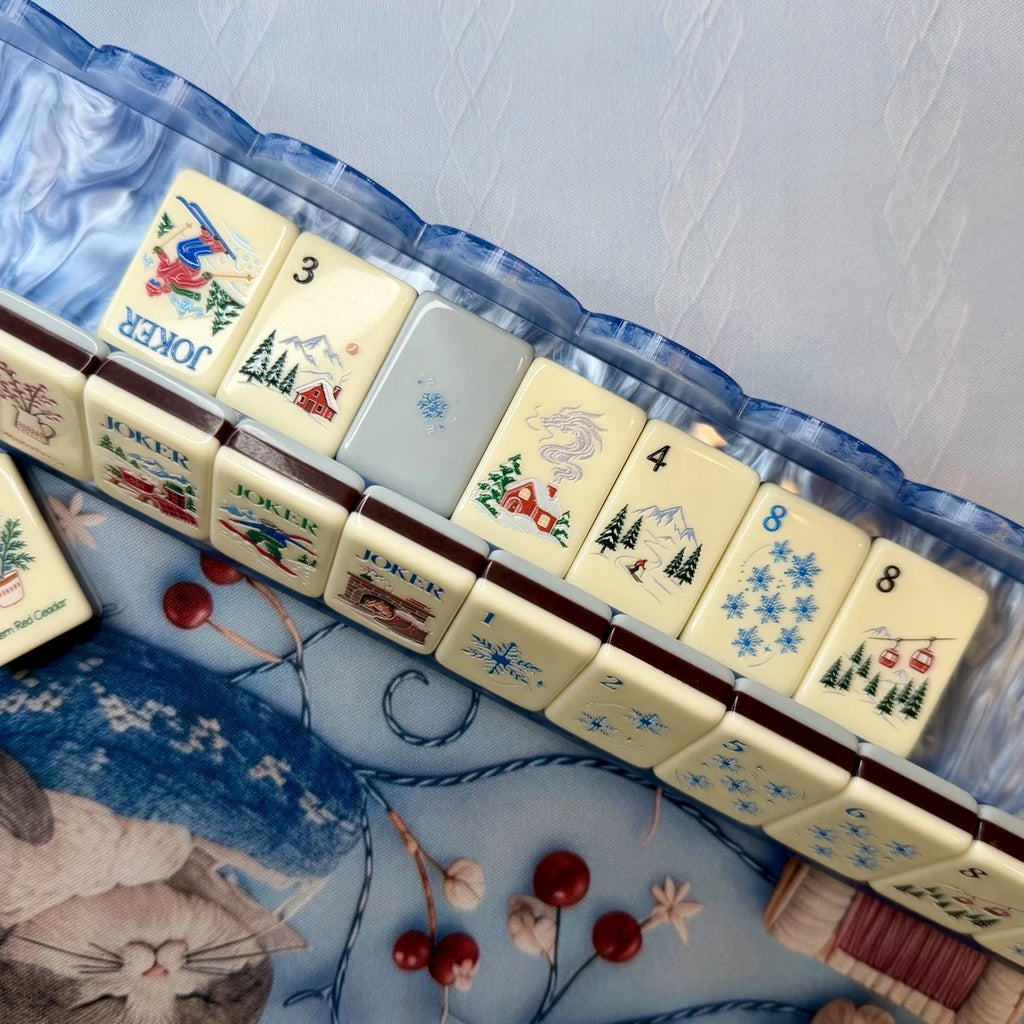 Snowfall Reverie Christmas Mahjong Tiles – 160 Two-Layer Acrylic Tiles, Powder Blue Back