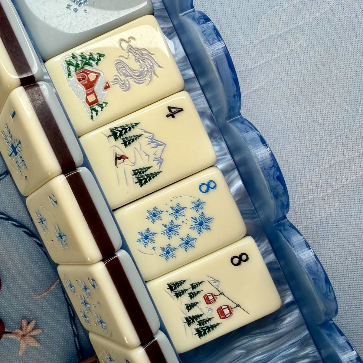 Snowfall Reverie Christmas Mahjong Tiles – 160 Two-Layer Acrylic Tiles, Powder Blue Back