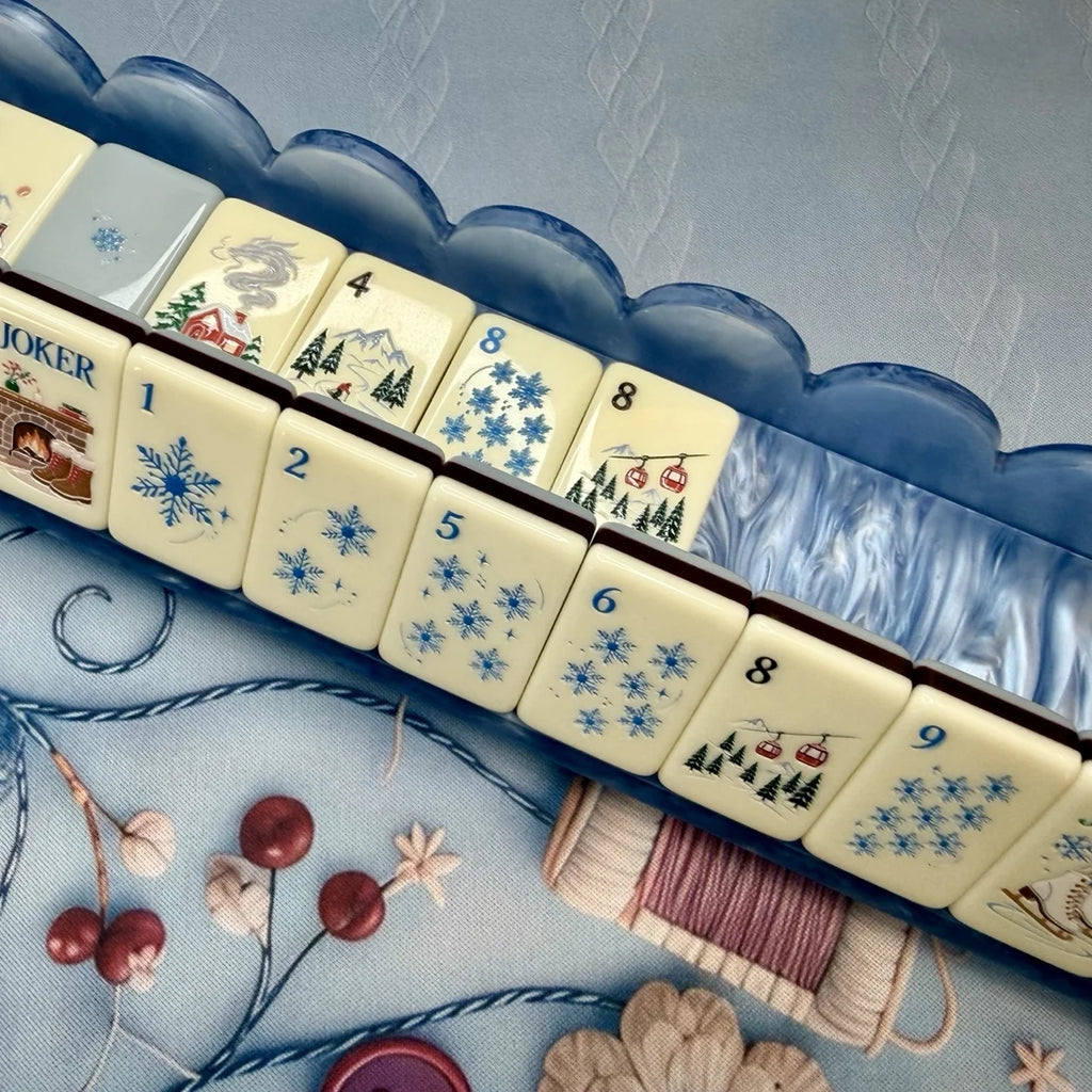 Snowfall Reverie Christmas Mahjong Tiles – 160 Two-Layer Acrylic Tiles, Powder Blue Back