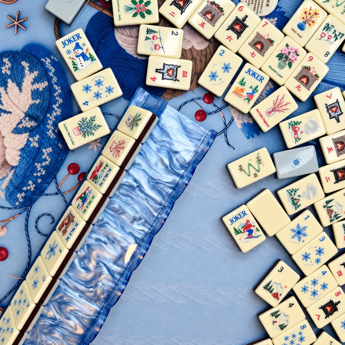 Snowfall Reverie Christmas Mahjong Tiles – 160 Two-Layer Acrylic Tiles, Powder Blue Back