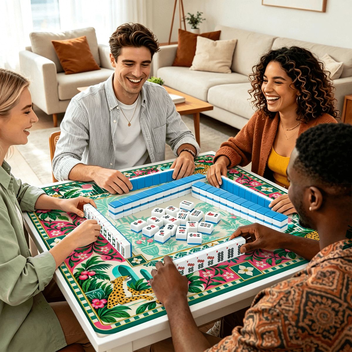 Emerald Leopard Garden Sleek-Surface American Mahjong Mat – 2 Sizes Available