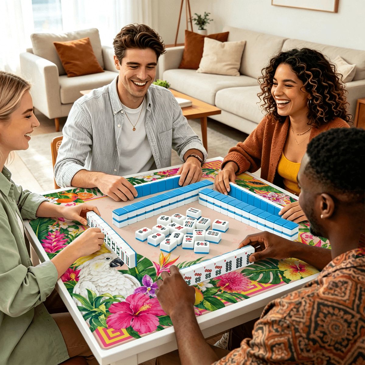Tropical Cockatoo Garden Sleek-Surface American Mahjong Mat – 2 Sizes Available