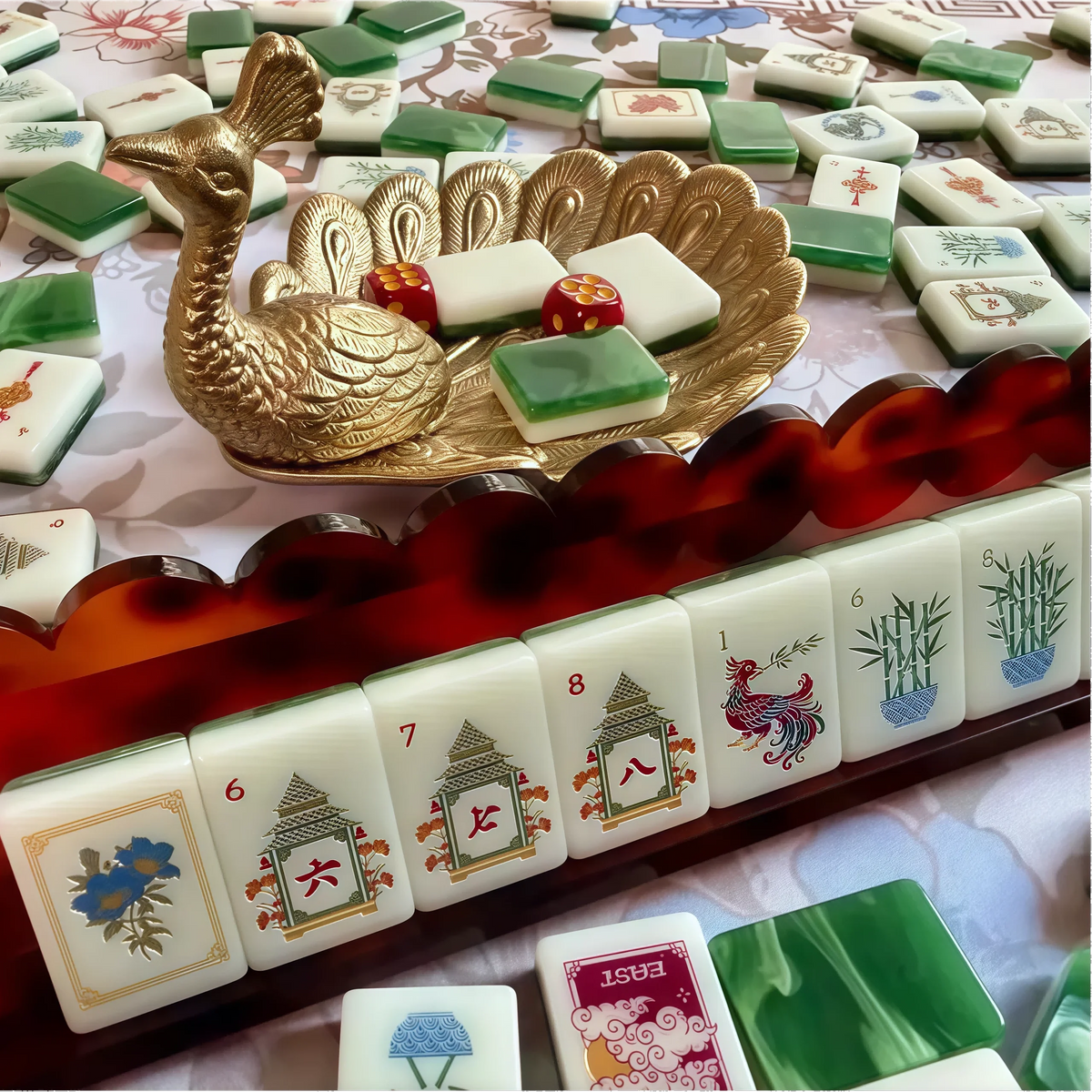 Mac & Miller Mahjong Heirloom Collection: Fire + Fortune - Verdant Fortune Acrylic Jade Luxury 160 Mahjong Tiles American Set