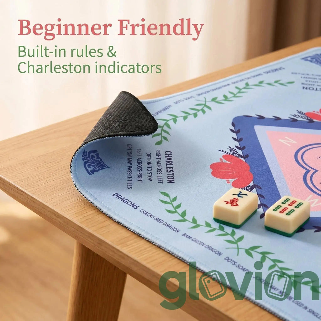 Non-Slip Rubber American Mahjong Mat - Silent & Durable Pastel Floral Peony Design with Game Rules Guide