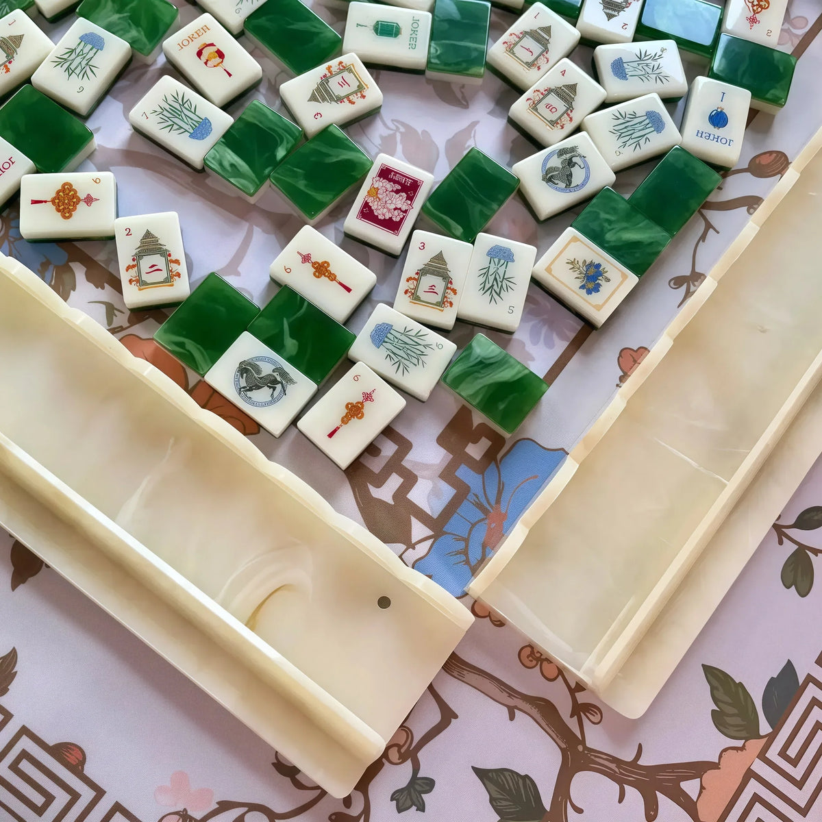 Mac & Miller Mahjong Heirloom Collection: Fire + Fortune - Verdant Fortune Acrylic Jade Luxury 160 Mahjong Tiles American Set