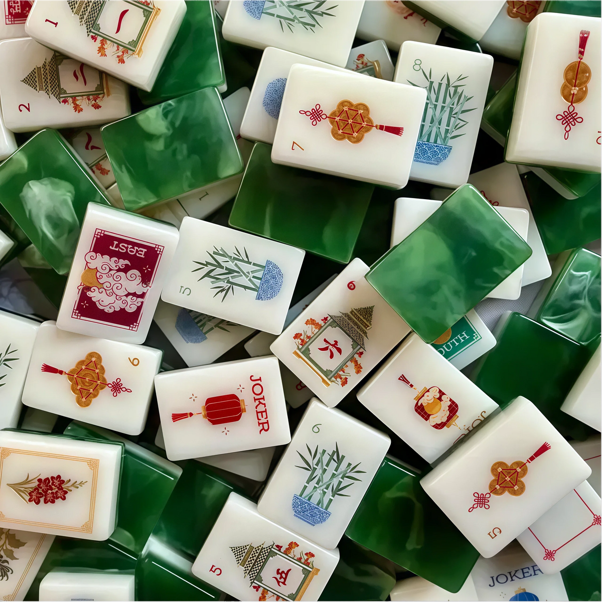 Mac & Miller Mahjong Heirloom Collection: Fire + Fortune - Verdant Fortune Acrylic Jade Luxury 160 Mahjong Tiles American Set