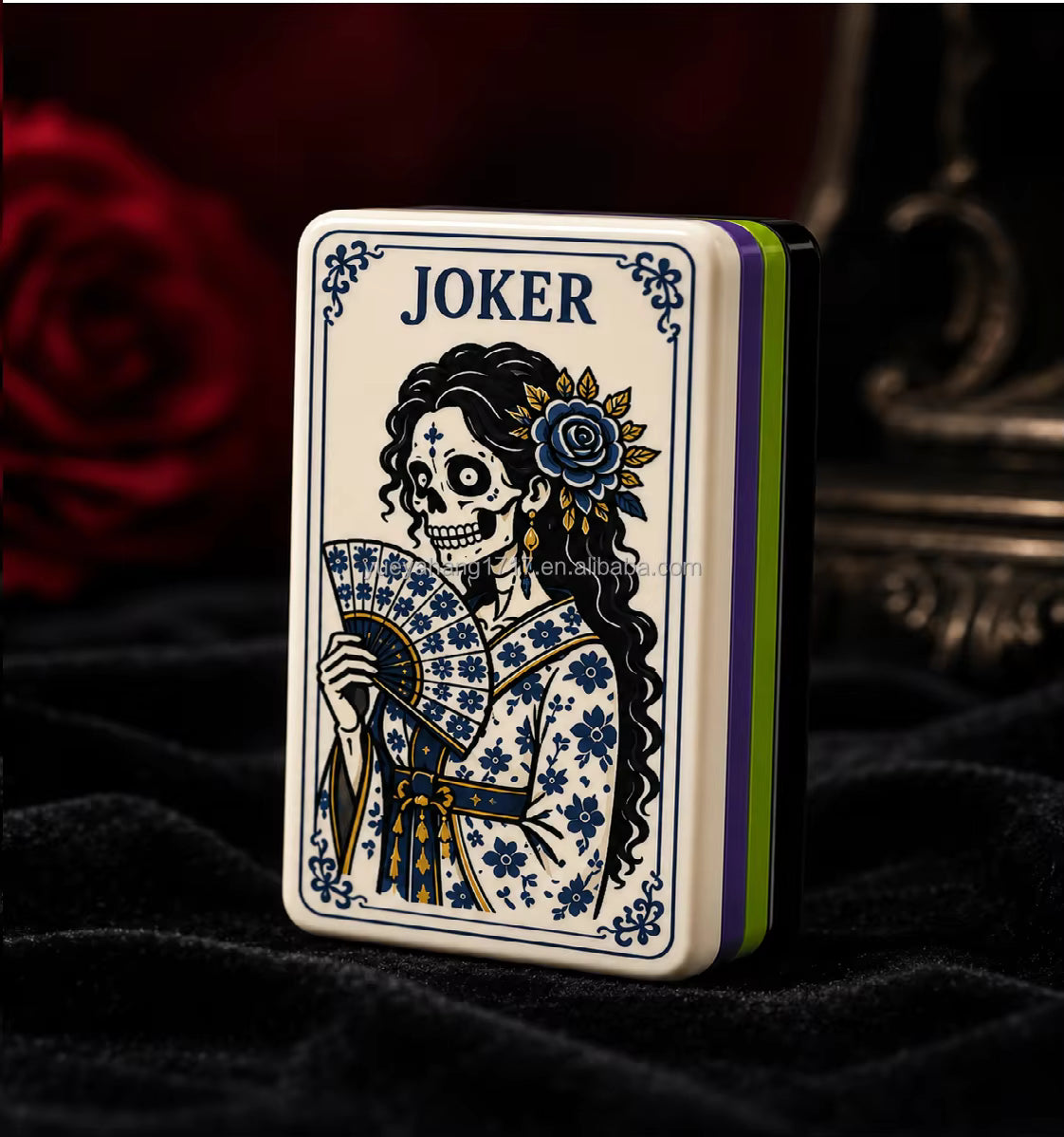 Blue Porcelain Nocturne Joker mahjong tile in black and ivory