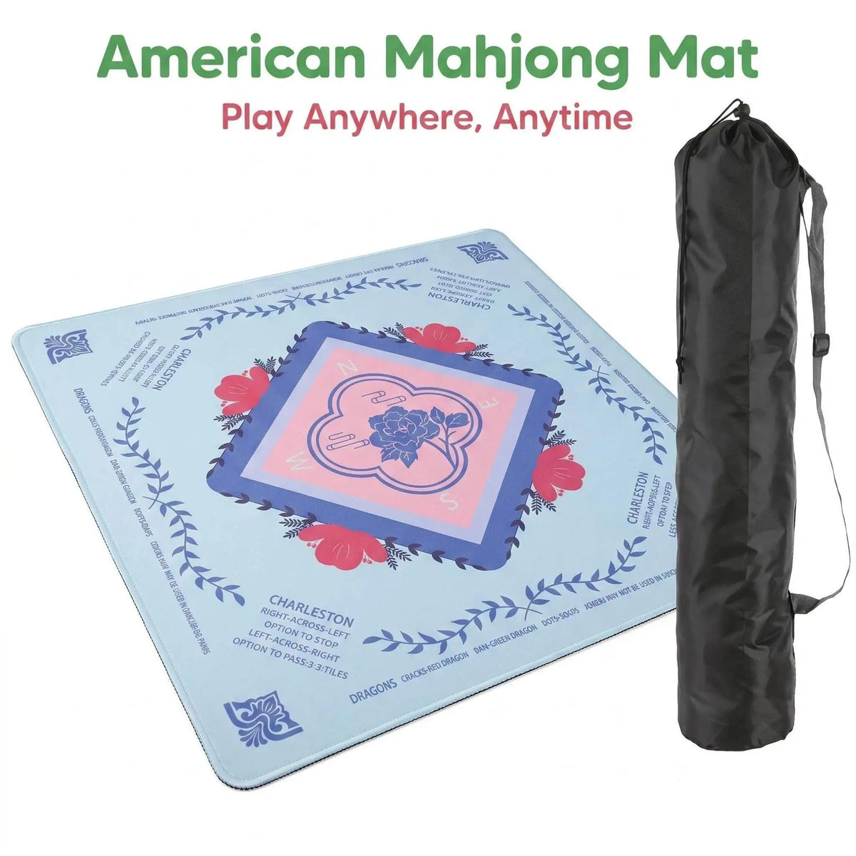 Non-Slip Rubber American Mahjong Mat - Silent & Durable Pastel Floral Peony Design with Game Rules Guide