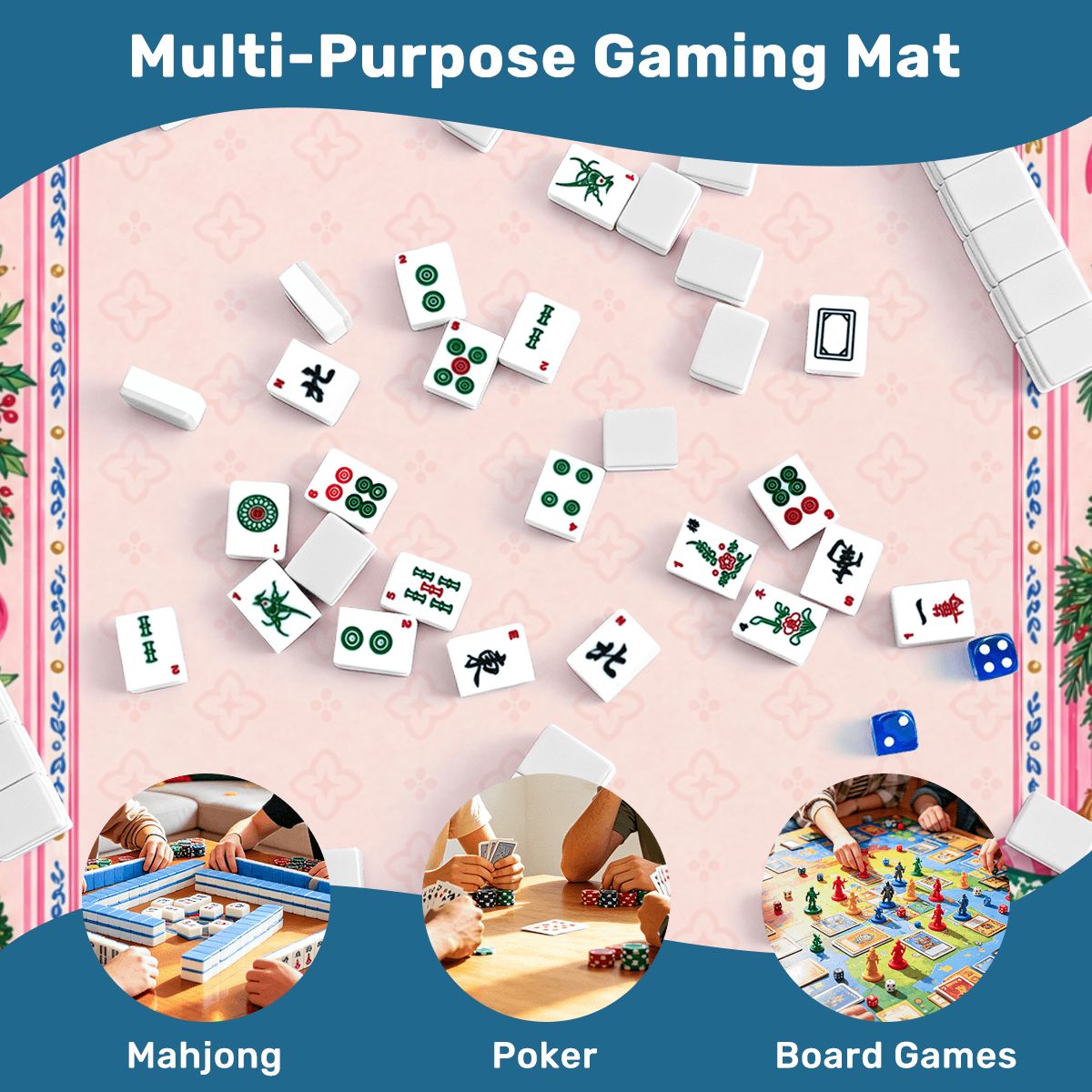 Pink Christmas Parlor Sleek-Surface American Mahjong Mat – 2 Sizes Available