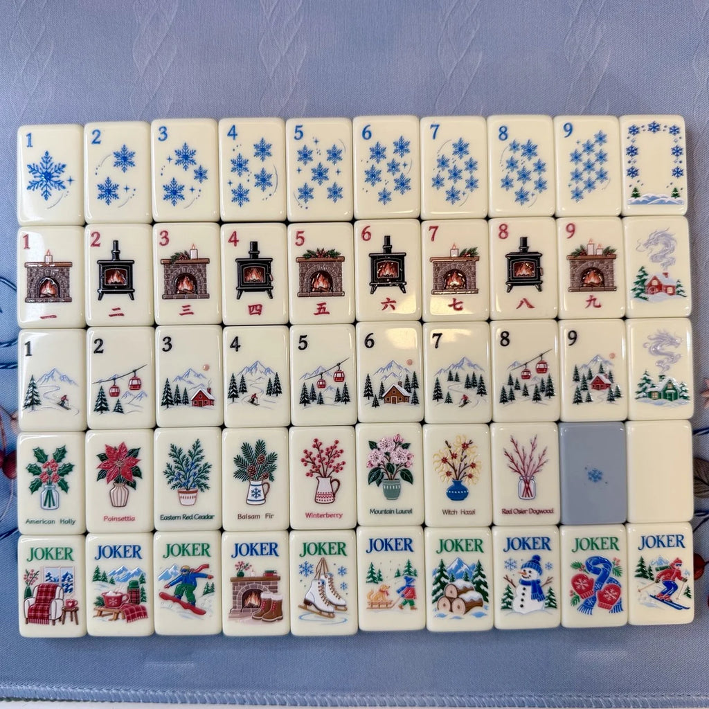 Snowfall Reverie Christmas Mahjong Tiles – 160 Two-Layer Acrylic Tiles, Powder Blue Back