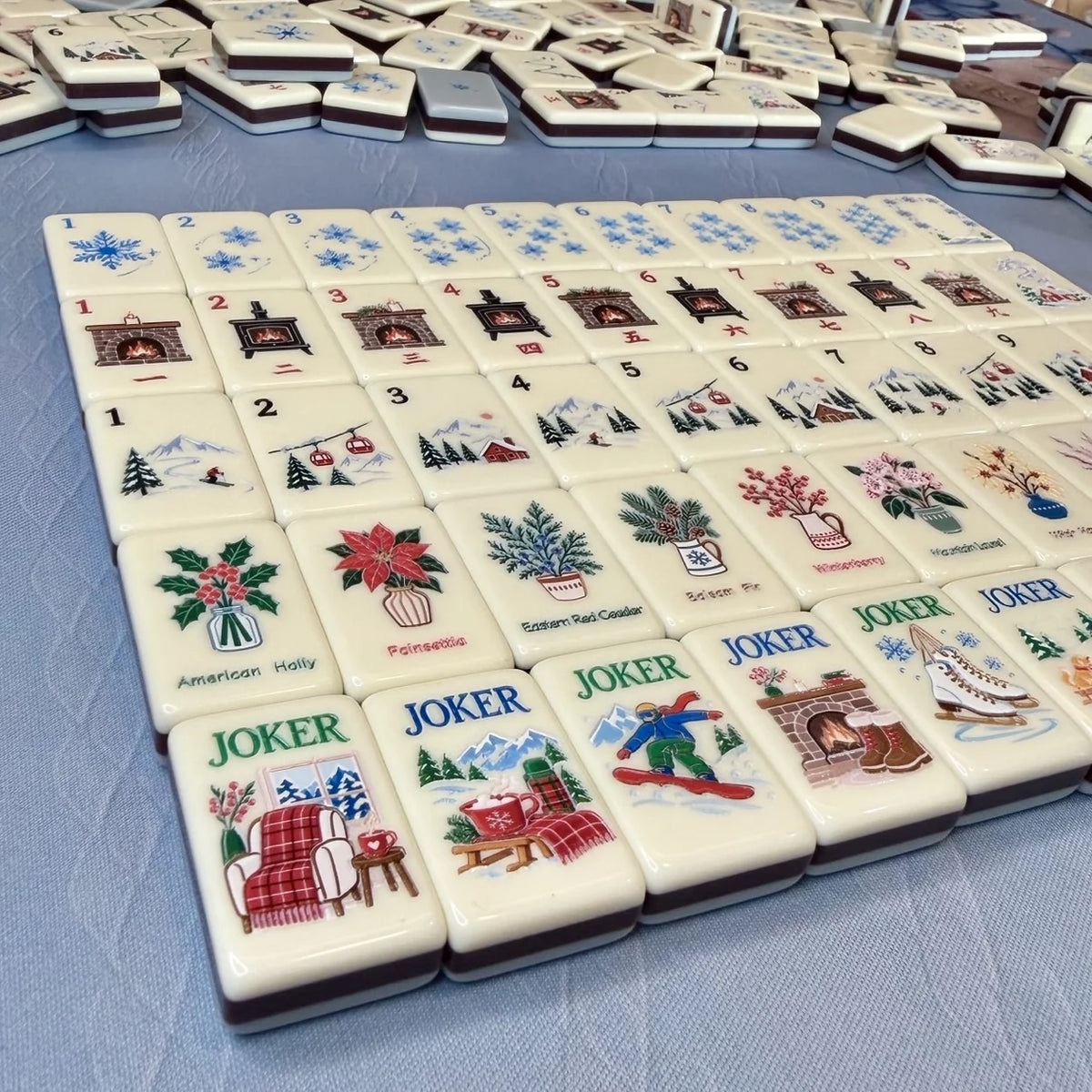 Snowfall Reverie Christmas Mahjong Tiles – 160 Two-Layer Acrylic Tiles, Powder Blue Back