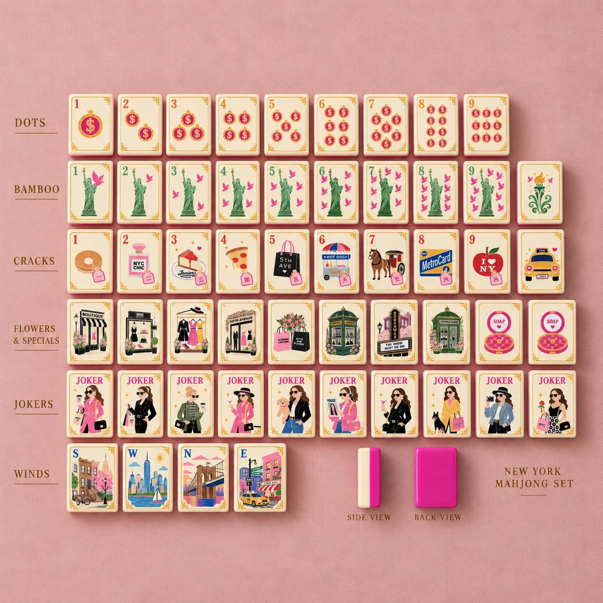 New York Reverie American Mahjong Tiles – 160 Two-Layer Acrylic Tiles, Rose Pink Back