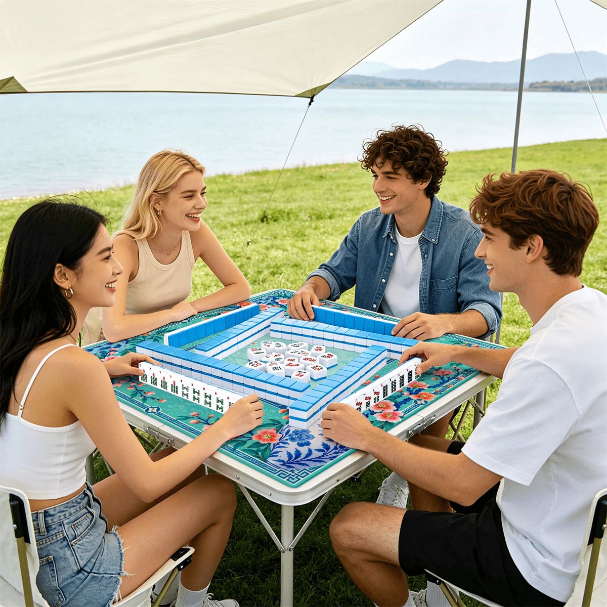 Turquoise Chinoiserie Garden Sleek-Surface American Mahjong Mat – 2 Sizes Available