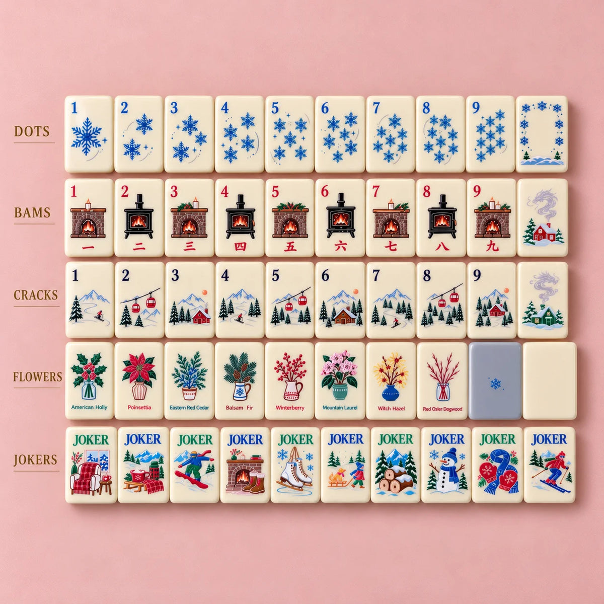 Snowfall Reverie Christmas Mahjong Tiles – 160 Two-Layer Acrylic Tiles, Powder Blue Back