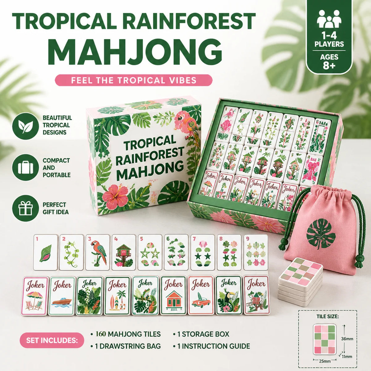 Tropical Reverie American Mahjong Tiles – 160 White Acrylic Tiles, Pink & Green