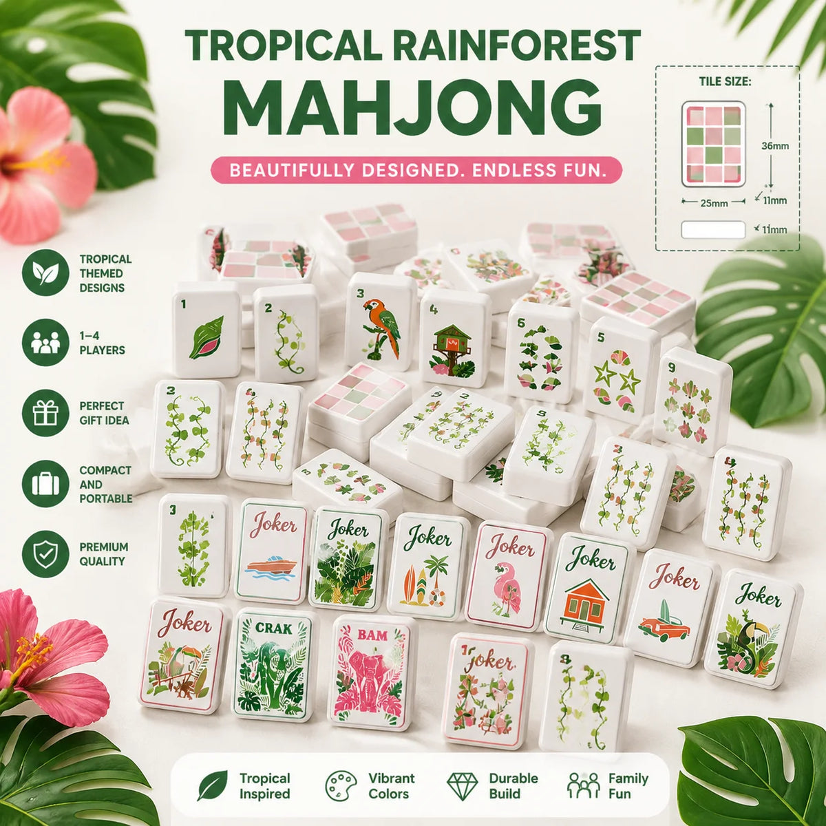 Tropical Reverie American Mahjong Tiles – 160 White Acrylic Tiles, Pink & Green