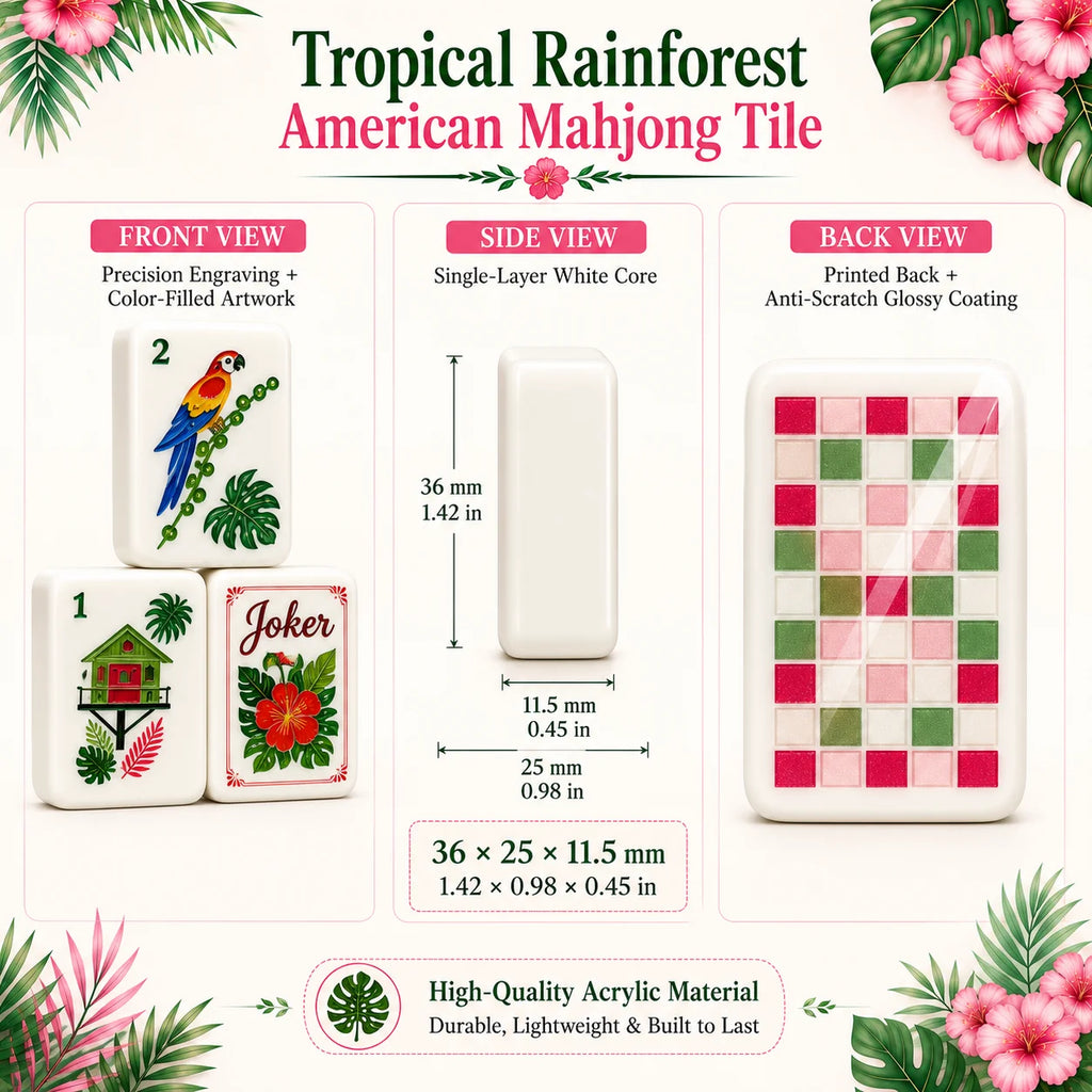 Tropical Reverie American Mahjong Tiles – 160 White Acrylic Tiles, Pink & Green