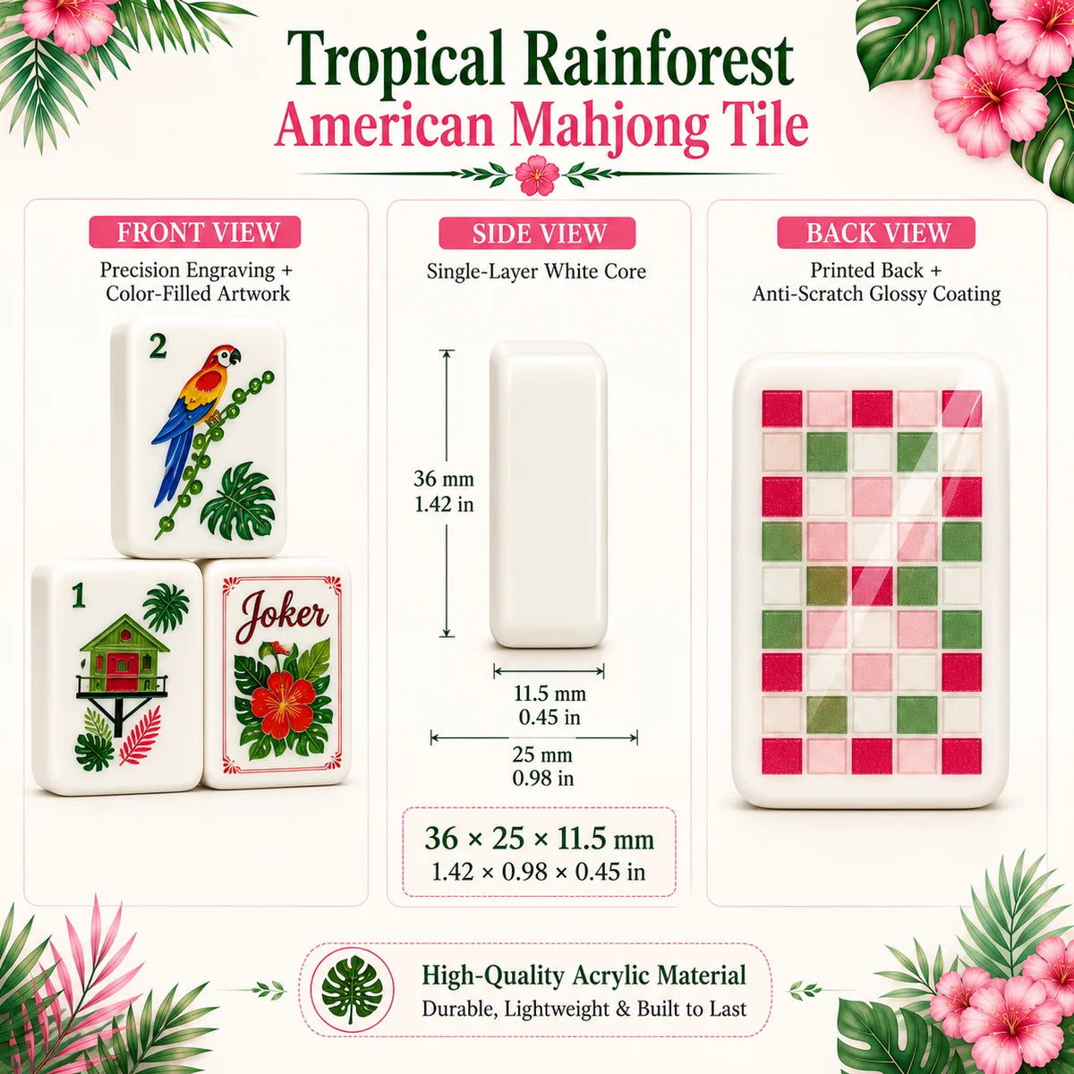 Tropical Reverie American Mahjong Tiles – 160 White Acrylic Tiles, Pink & Green