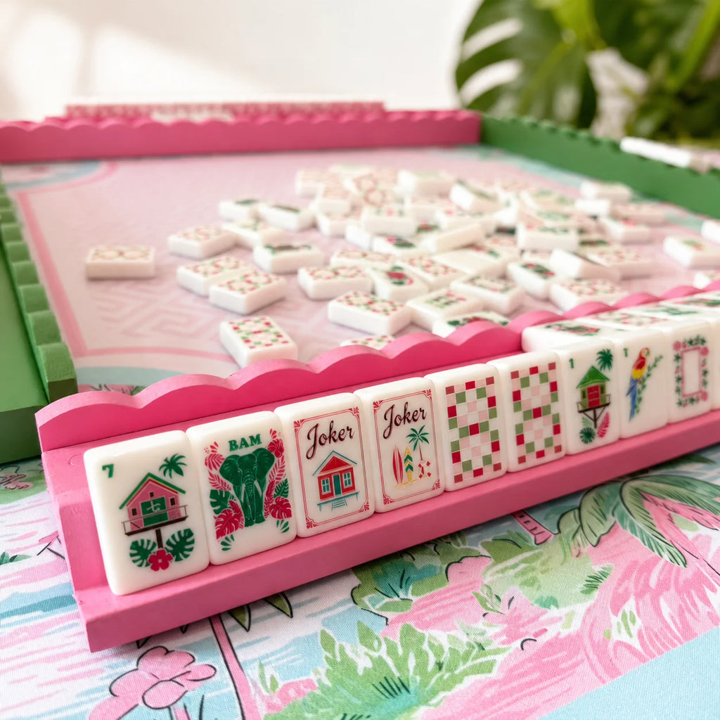 Tropical Reverie American Mahjong Tiles – 160 White Acrylic Tiles, Pink & Green