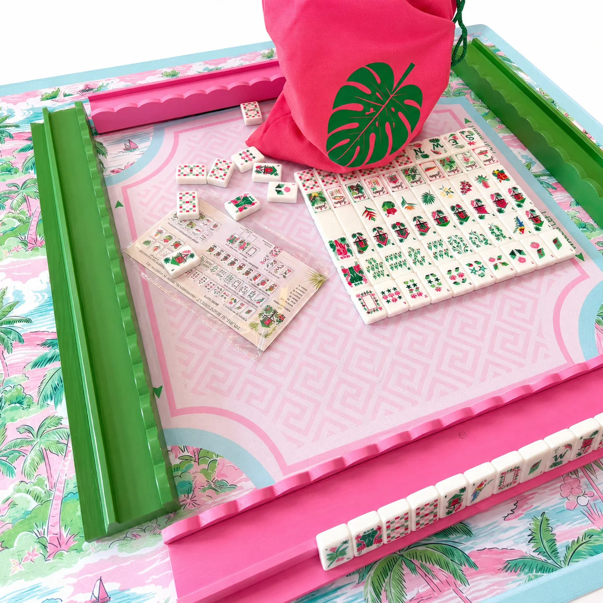 Tropical Reverie American Mahjong Tiles – 160 White Acrylic Tiles, Pink & Green