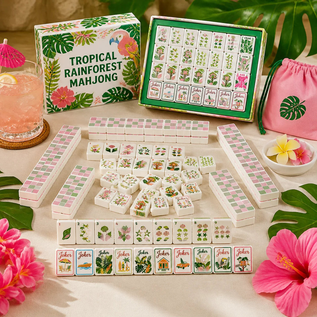 Tropical Reverie American Mahjong Tiles – 160 White Acrylic Tiles, Pink & Green