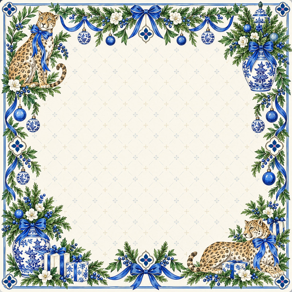 Blue Porcelain Christmas Leopard American Mahjong Mat