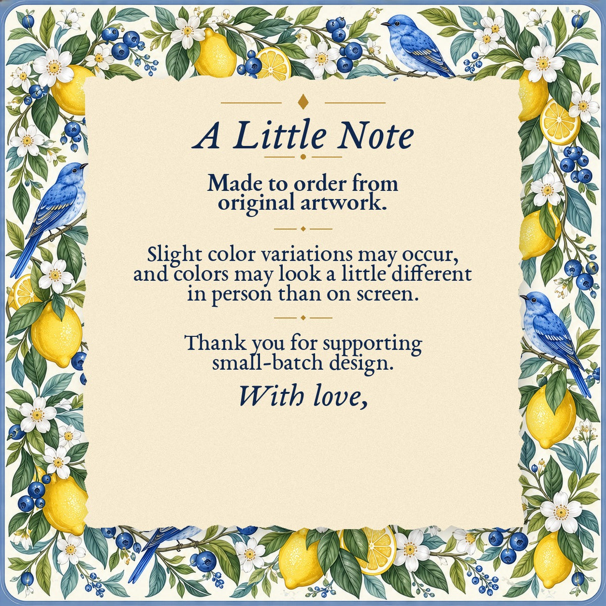 A Little Note – made-to-order color variation notice
