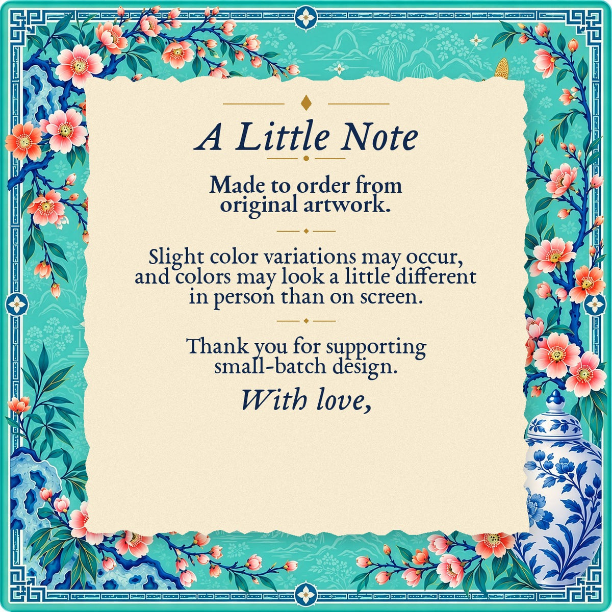 A Little Note – made-to-order color variation notice
