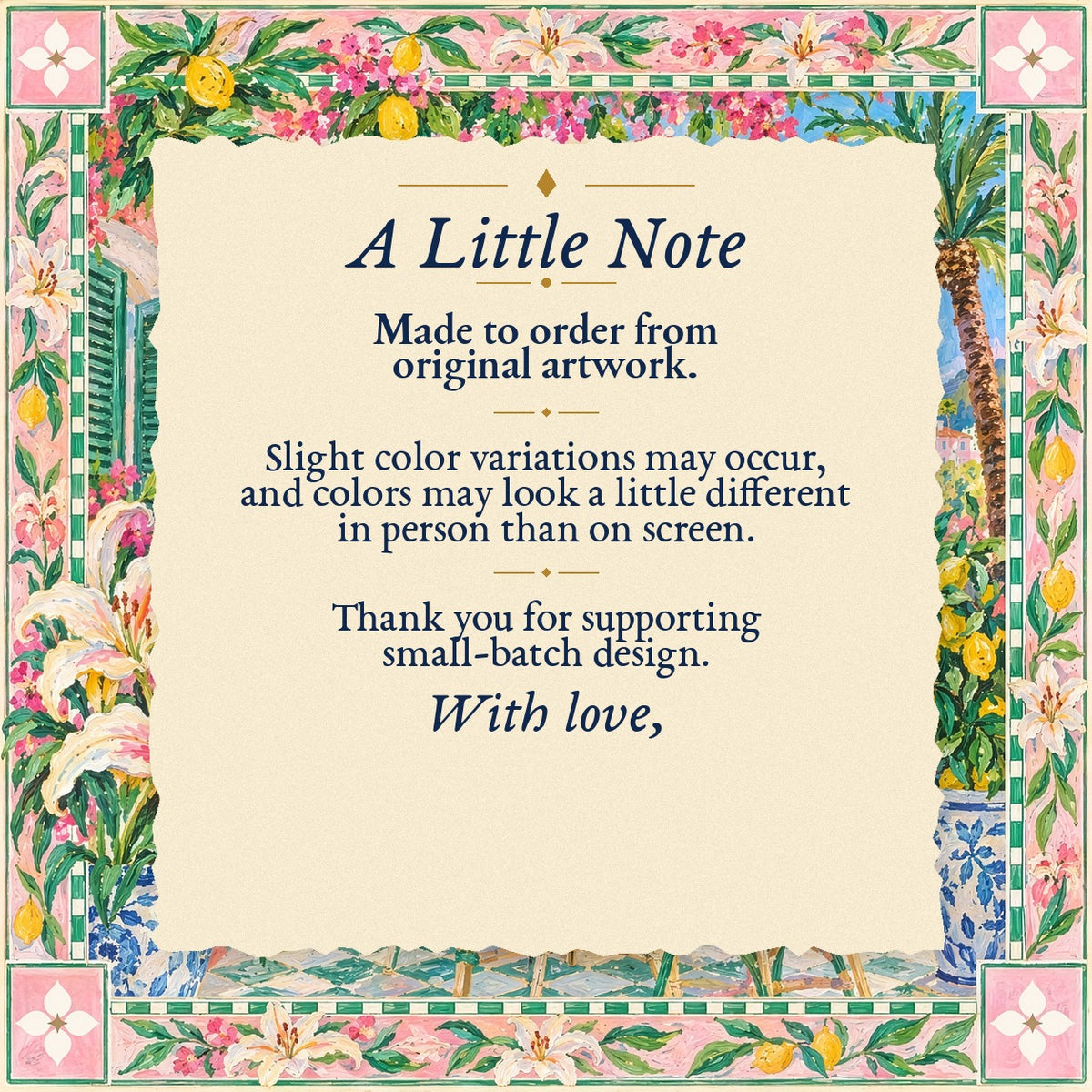 A Little Note – made-to-order color variation notice