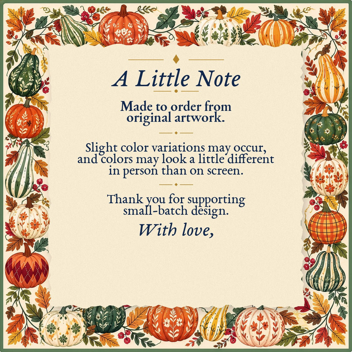 A Little Note – made-to-order color variation notice