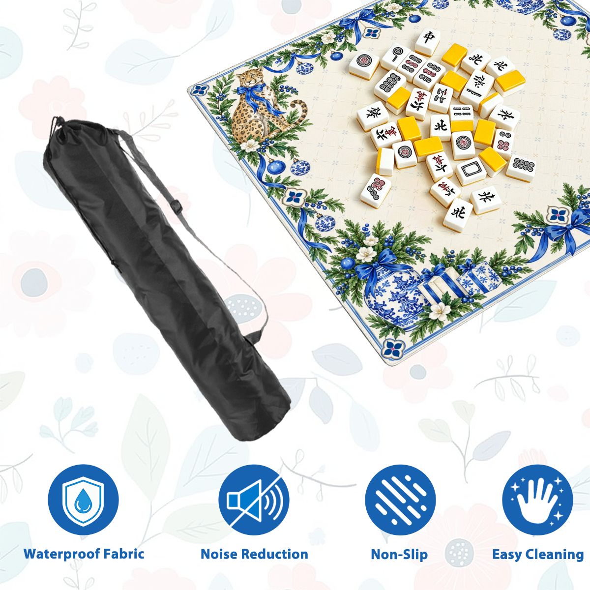 Blue Porcelain Christmas Leopard Sleek-Surface American Mahjong Mat – 2 Sizes Available