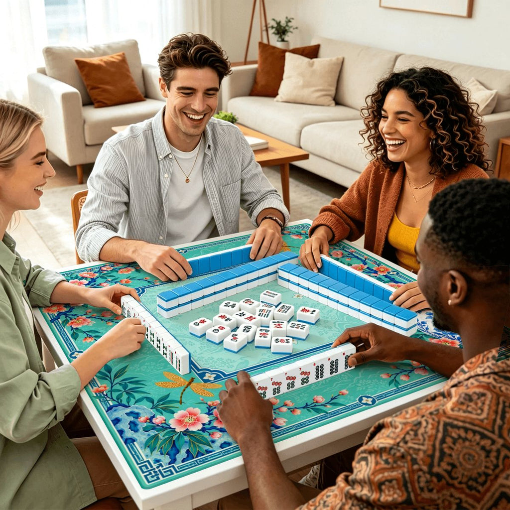 Turquoise Chinoiserie Garden Sleek-Surface American Mahjong Mat – 2 Sizes Available