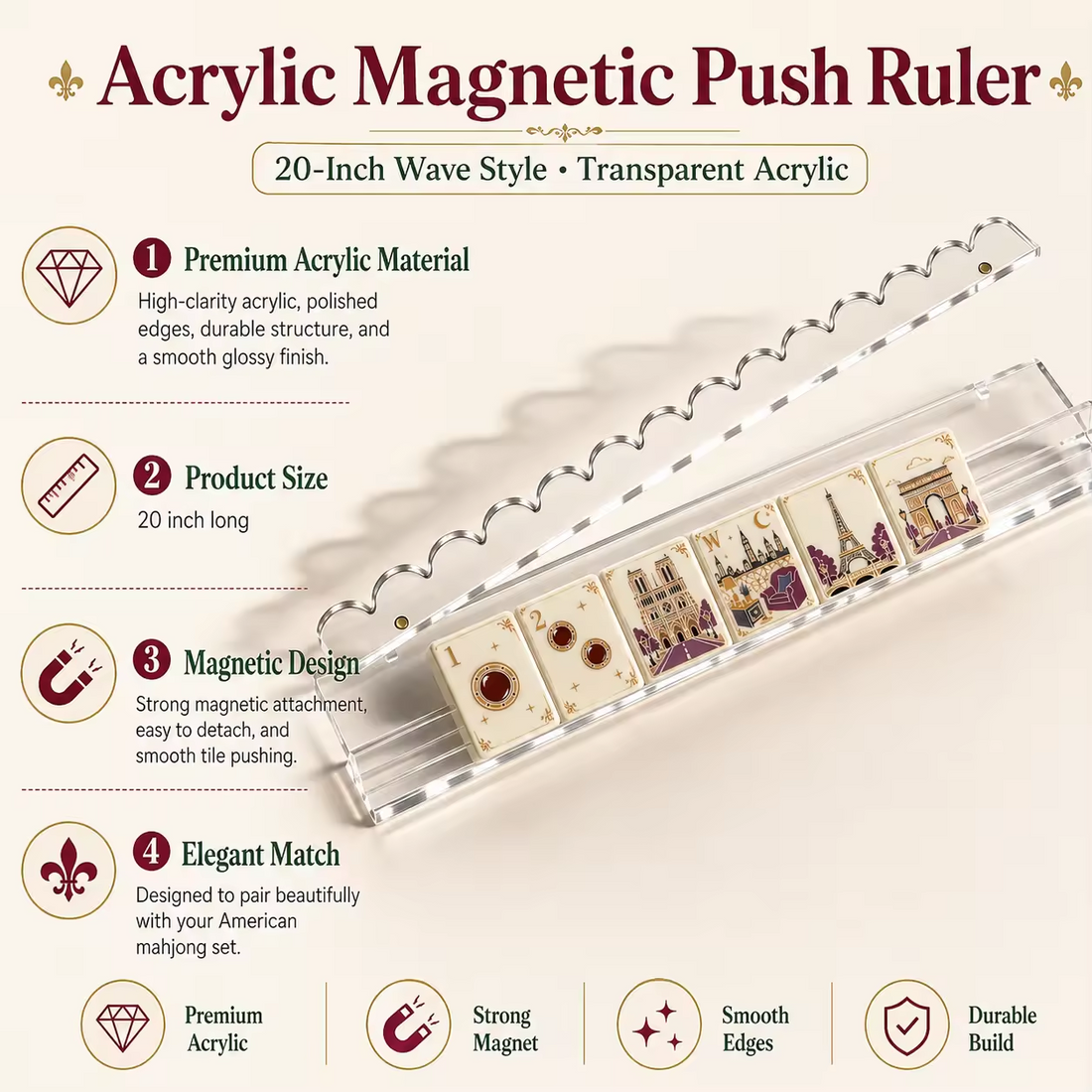 Transparent Acrylic Magnetic Push Ruler – 20-Inch Wave Style