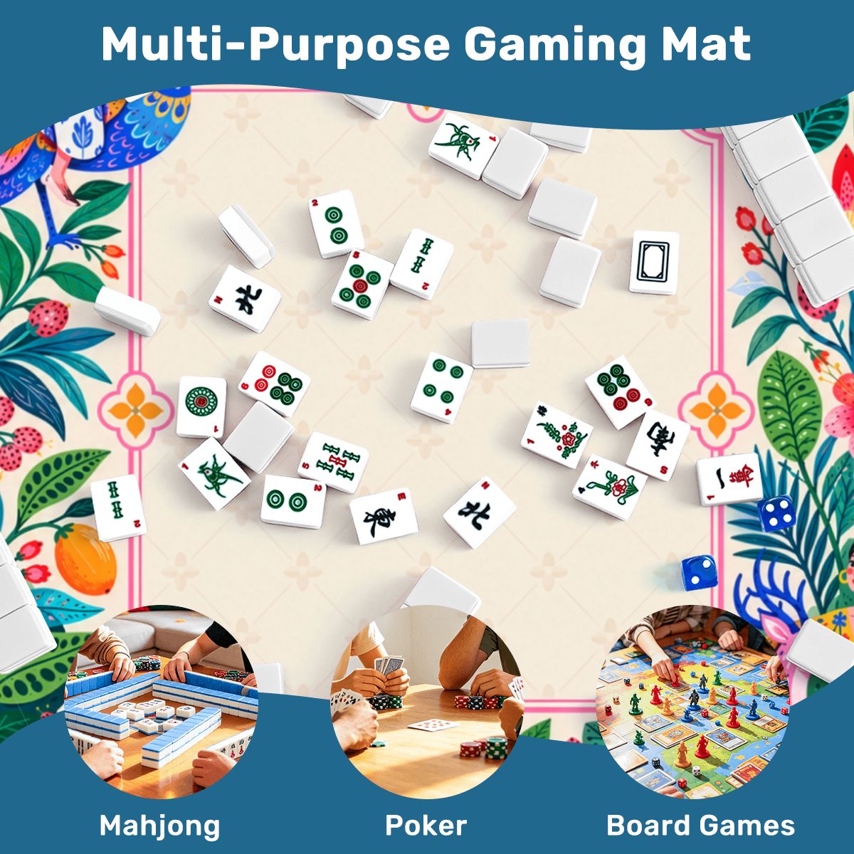 Peacock Garden Sleek-Surface American Mahjong Mat – 2 Sizes Available