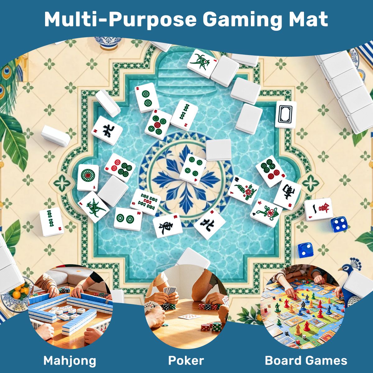 Peacock Pool Garden Sleek-Surface American Mahjong Mat – 2 Sizes Available